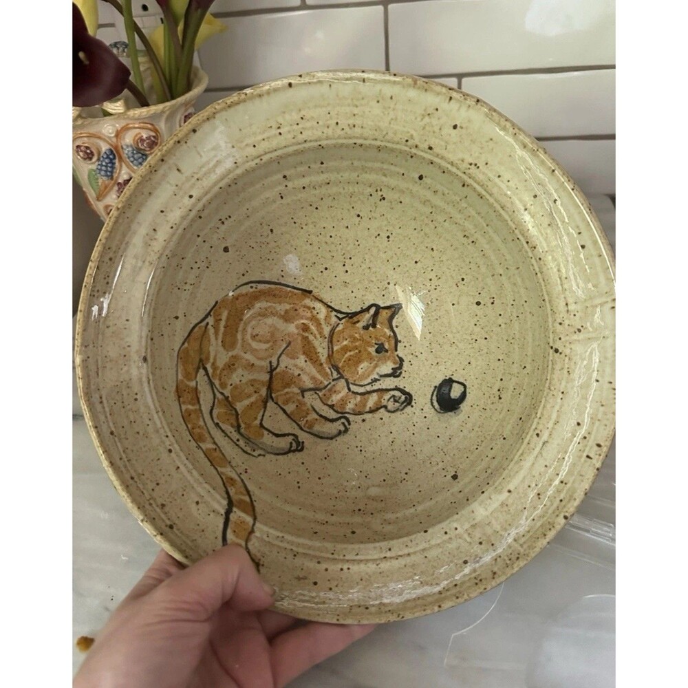 Handmade Studio Pottery Orange Cat Bowl  Glaze Signed Artisan Dish 10"
